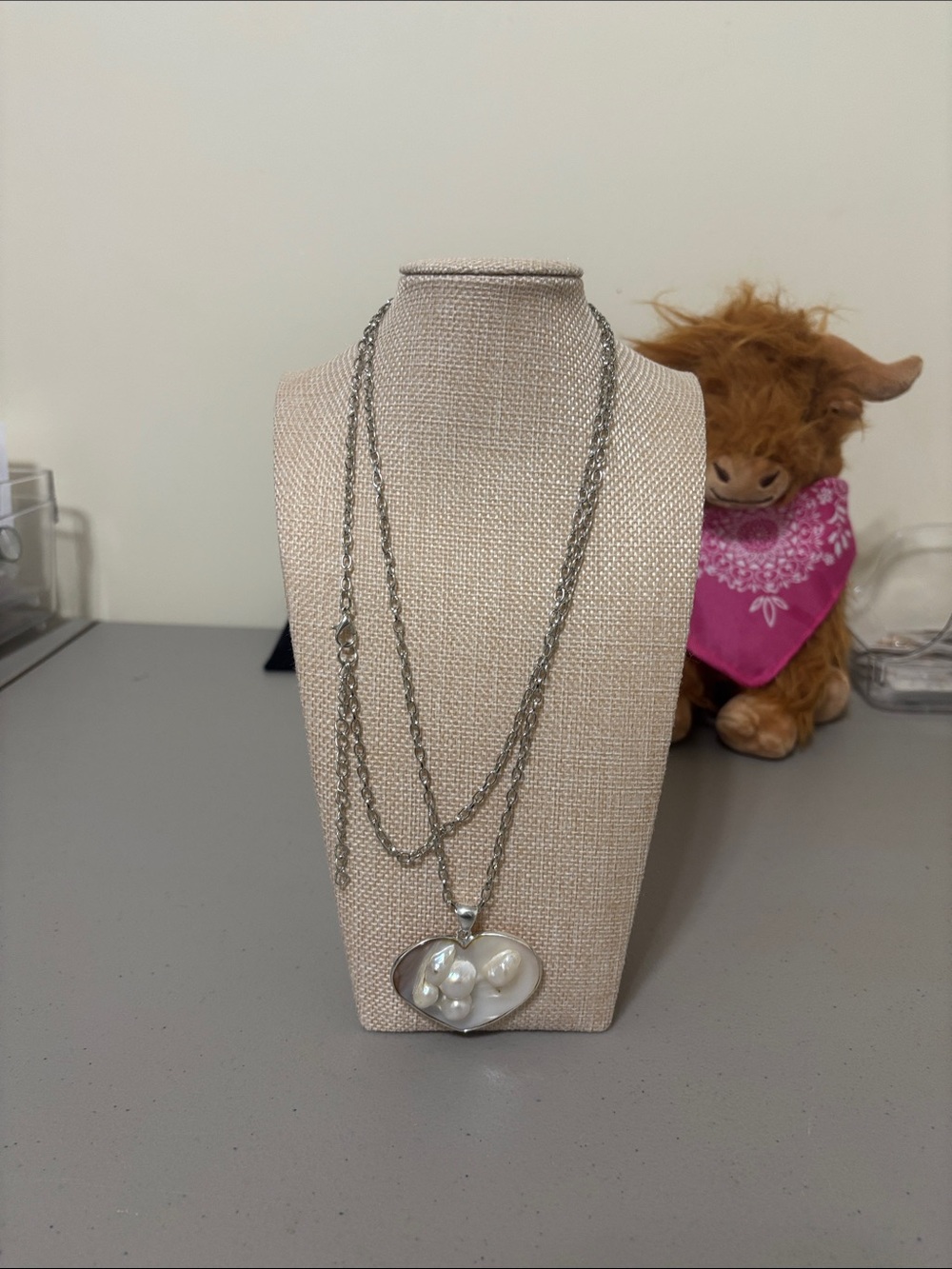 Silver Heart Pearl Pendant Necklace - Long Chain